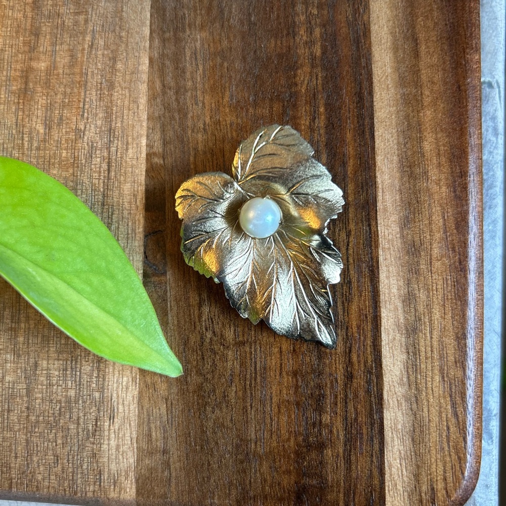 Gold Leaf Brooch with Pearl Accent